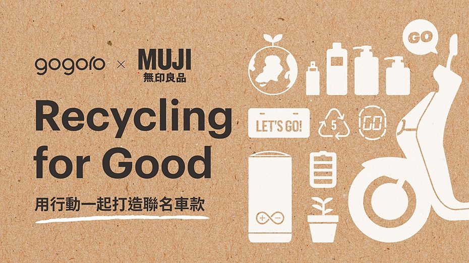 Gogoro ｘ MUJI無印良品全新聯名車款今夏來襲！跨界合作再升級，「Recycling for Good」全台永續循環行動打響頭陣。 圖／Gogoro提供