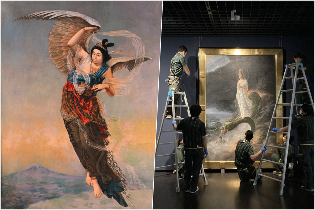 左為本多錦吉郎的《羽衣天女》，右為於東京國立近代美術館展出的原田直次郎作品《騎龍...