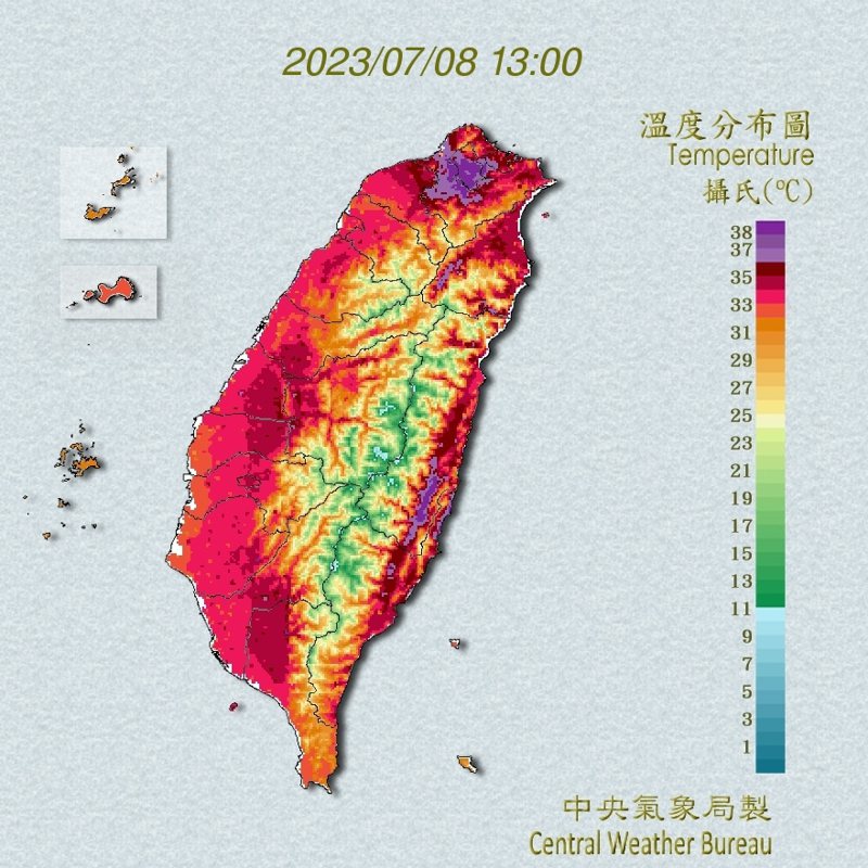 各地天氣高溫炎熱，台東縣地區已有焚風發生，今天中午前後基隆市、台北市、新北市地區為紅色燈號，有連續出現38度極端高溫的機率。圖／取自氣象局網站