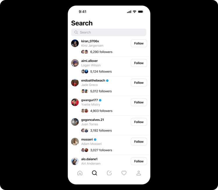 可直接追蹤已在Instagram上追蹤的帳號，也可以透過搜尋找到其他用戶。圖／Meta提供