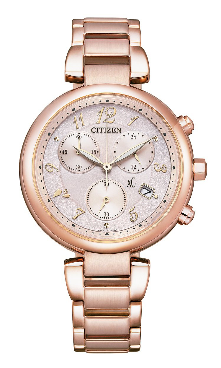 CITIZEN xC系列亞洲限定款光動能FB1452-66X計時腕表，鍍粉紅金精鋼表殼與表鍊，21,800元。圖／CITIZEN提供