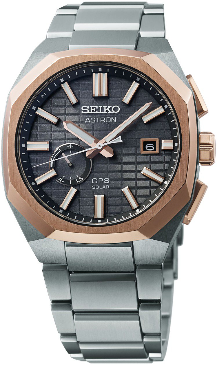 Seiko Astron GPS Solar 3X系列SSJ014J1腕表，鈦金屬表殼與表鍊，搭配玫瑰金超硬質塗層鈦金屬表圈，72,000元。圖／Seiko提供