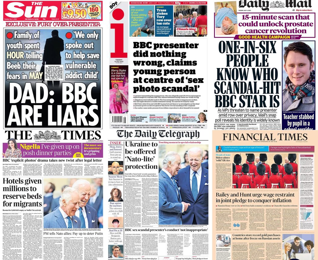 英國八卦小報在7月11日的頭版，仍以《BBC》性醜聞為最大新聞，進行大篇幅報導，...