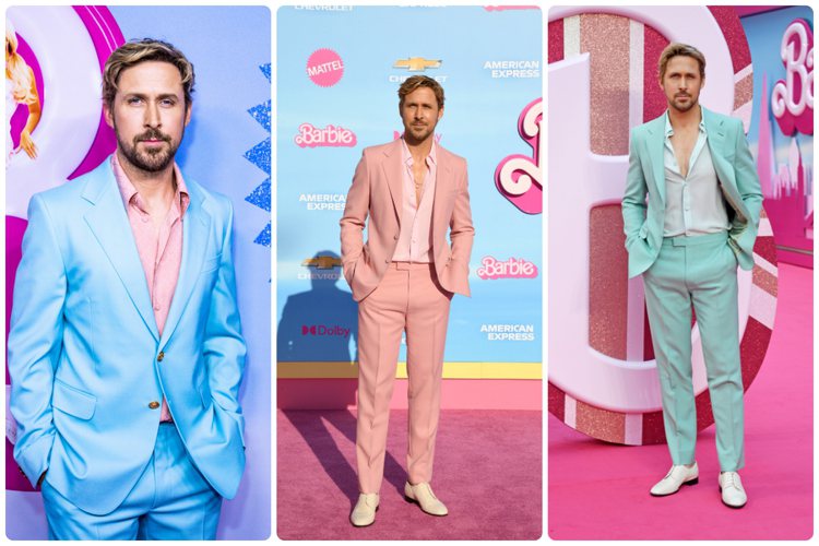 如何駕馭粉色穿搭不顯俗？且看真人版「肯尼」Ryan Gosling一次示範多套造型。圖／GUCCI提供（合成圖）