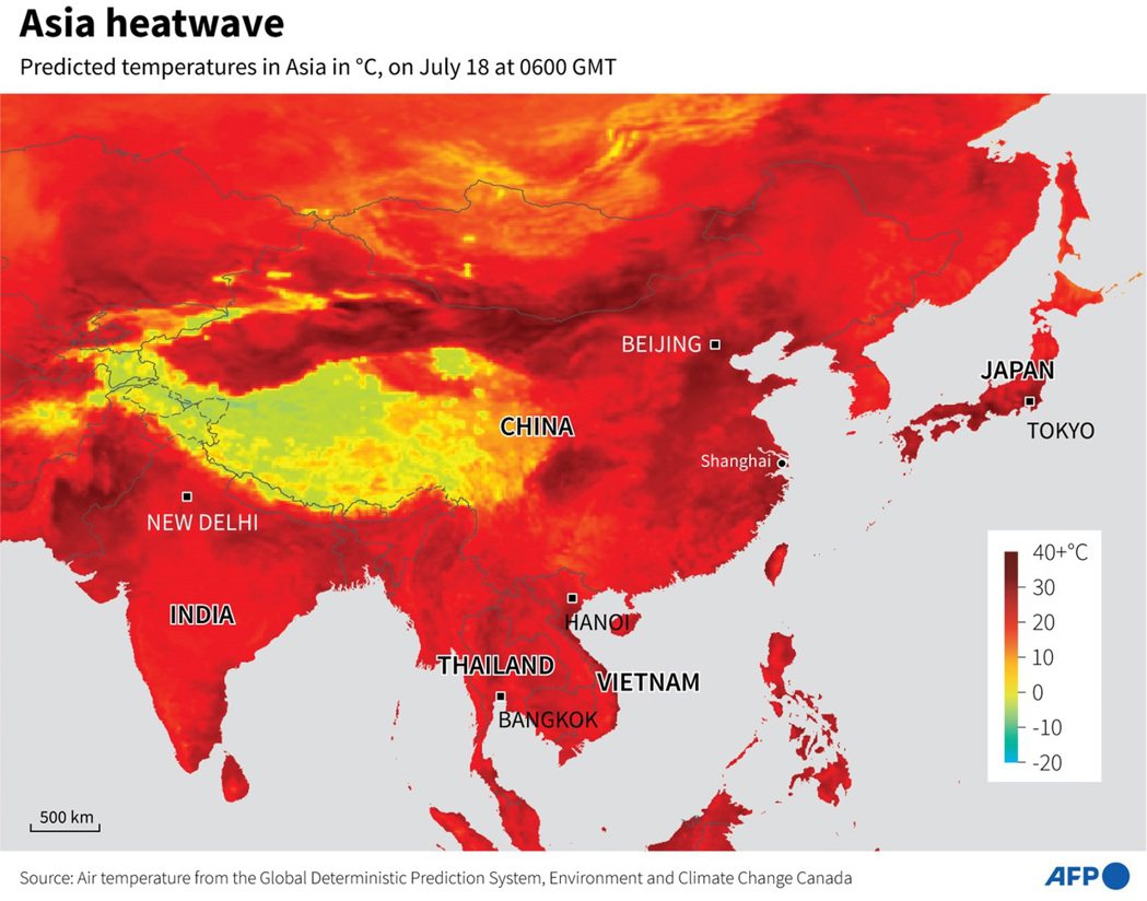 圖為2023年7月18日，亞洲的高溫圖。 圖／法新社