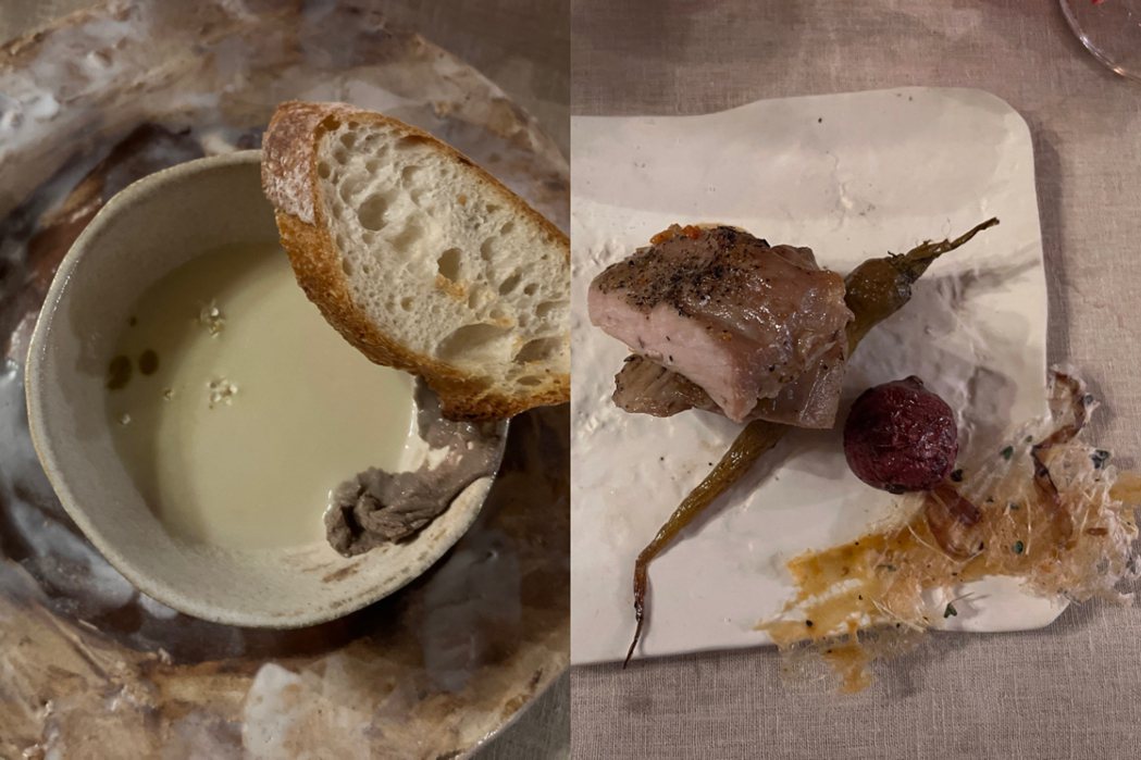 白酒雞肝醬與法式麵包（左）延續搭配Dom brial Muscat；法式鄉村蔬菜...