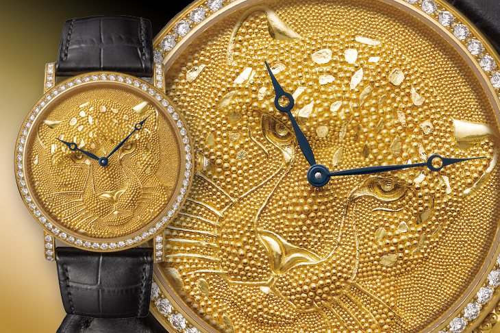 Rotonde de Cartier美洲豹裝飾腕錶／直徑42mm 18K黃金錶殼，金屬珠粒工藝面盤，錶款鑲鑽／時間顯示／9601MC型工作坊手動上鍊機芯／藍寶石水晶鏡面、透明底蓋／限量20只／參考價請店洽。圖／卡地亞CARTIER提供