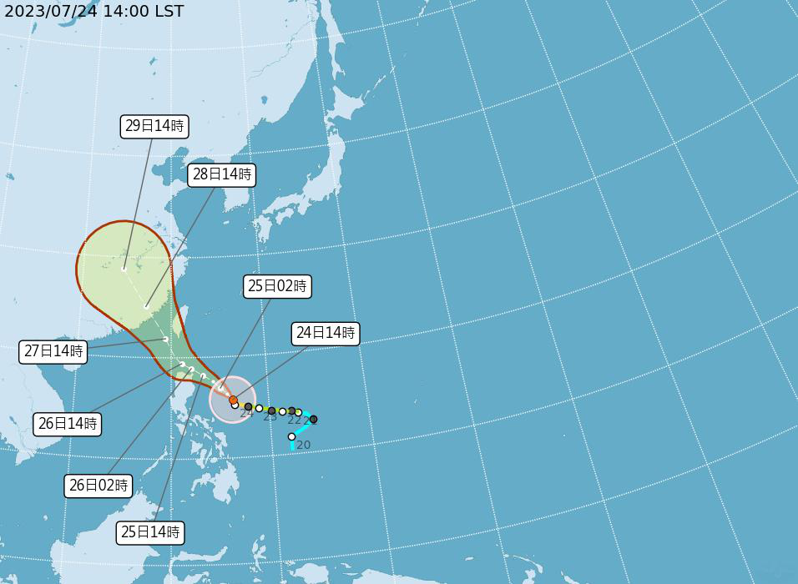 杜蘇芮颱風今天下午2時中心位置在鵝鑾鼻東南方970公里海面上，以每小時12公里速度，向西北進行。7級風平均暴風半徑250公里。圖／取自氣象局網站