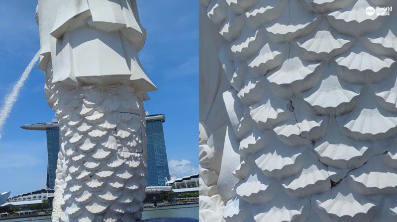 新加坡魚尾獅公園的魚尾獅雕像被發現有裂痕。圖／8視界新聞網記者沈思宇拍攝