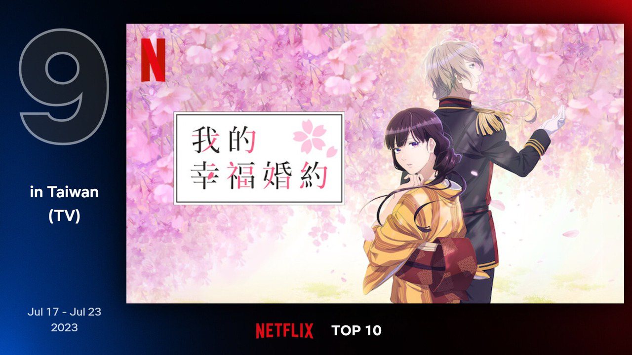 Netflix台灣地區7月17日至7月23日電視類排行第9為日本動畫《我的幸福婚約》。圖／Netflix