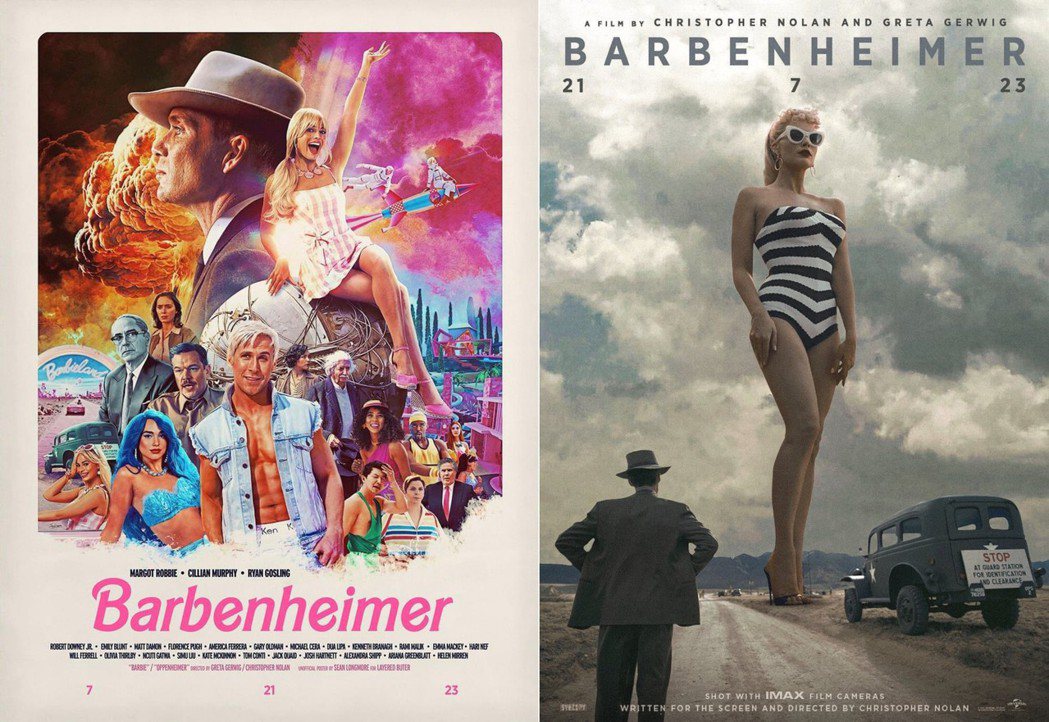 《奧本海默》（Oppenheimer）跟《芭比》（Barbie）可以說本是南轅北轍的兩部電影作品，沒想到卻因為檔期關係，似乎併發了連鎖的宣傳效應，在網路上形成「芭本海默」（"Barbenheimer"）的迷因現象。 圖／取自Twitter