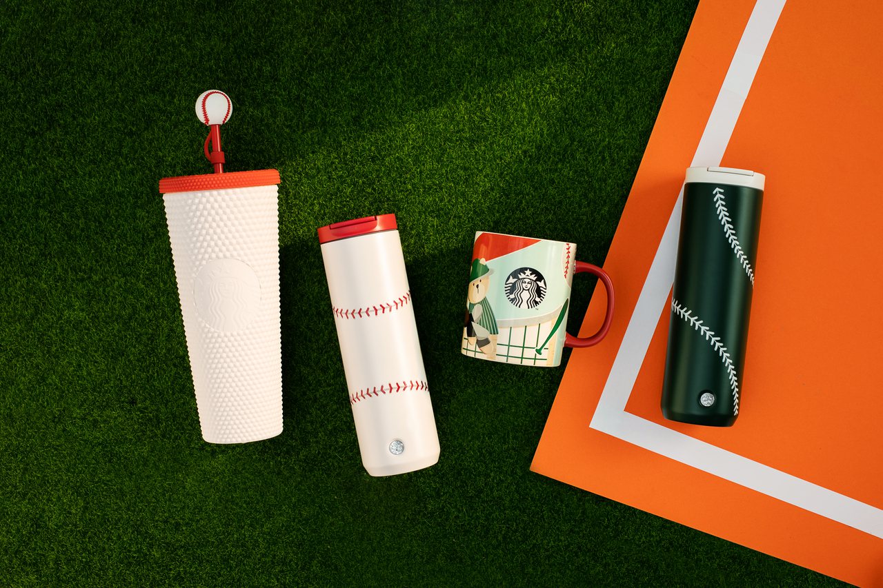 星巴克首間結合運動主題的松竹洲際門市推出一系列以「棒球」為杯身設計的商品。圖/星巴克提供