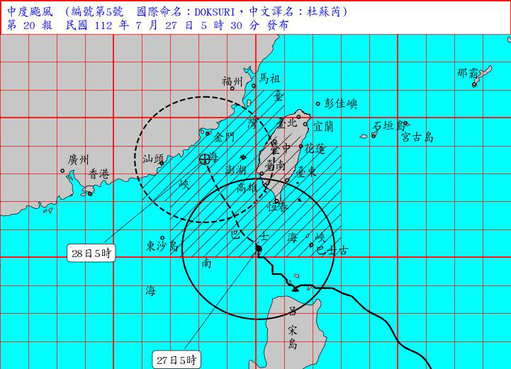 中央氣象局持續發布中度颱風杜蘇芮海上陸上颱風警報，杜蘇芮颱風今天清晨5時的中心位置在鵝鑾鼻的南南西方約200公里海面上，以每小時16轉22公里速度，向北北西進行。圖／取自氣象局網站