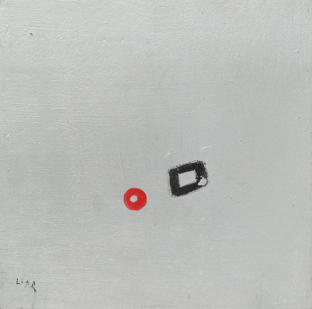 李元佳作品「無題」，畫中央的宇宙點是他蔚為人知的系列之一。圖／誠品畫廊提供