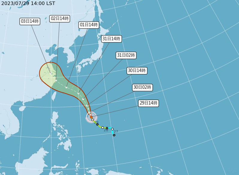 卡努颱風截至今天下午2點以每小時16公里速度向北北西進行。圖／氣象局提供