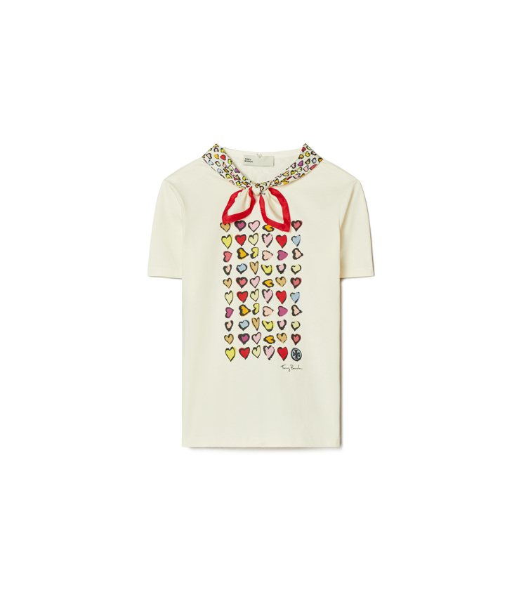 Tory Burch七夕情人節限定系列可拆卸絲質圍巾的印花T恤，11,900元。圖／Tory Burch提供