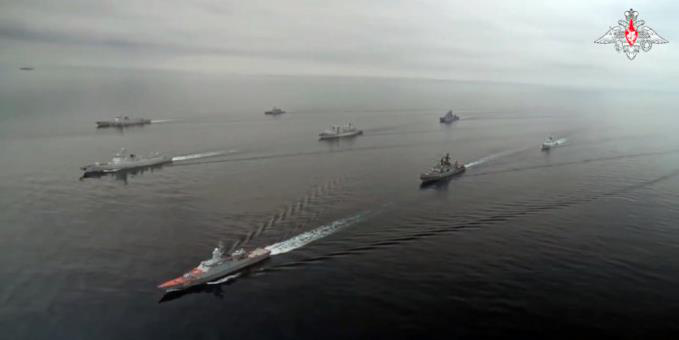 俄羅斯國防部官網公布的中俄聯合艦隊圖。（俄國防部官網）