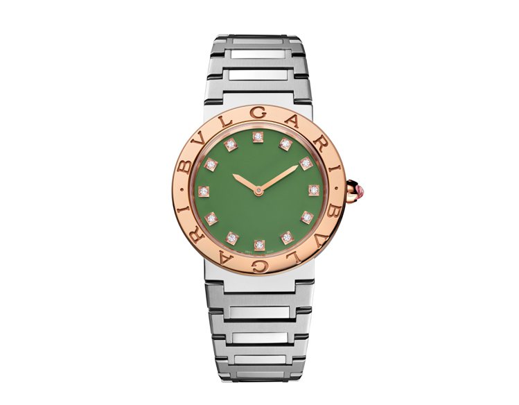 BVLGARI BVLGARI LADY精鋼與玫瑰金綠色漆面腕表七夕限定款，約20萬3,500元。圖／寶格麗提供
