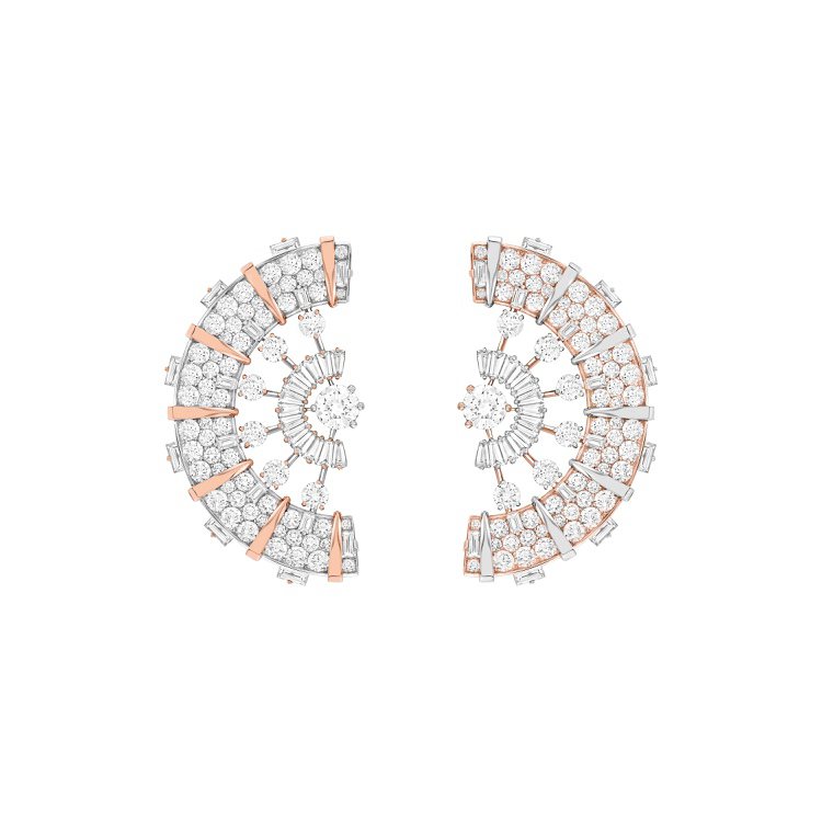 Face à face胸針，白K金與玫瑰金鑲嵌2顆圓形切割EVVS2鑽石分別重約1.54克拉與1.53克拉、鑽石，刻畫著名編舞家喬治巴蘭欽芭蕾舞劇《珠寶》其中一幕《鑽石》。圖／梵克雅寶提供