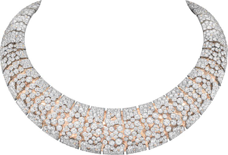 Dentelle à l'aiguille項鍊，白K金與玫瑰金鑲嵌鑽石，結構靈感來自1938年的Hawaii項鍊。圖／梵克雅寶提供