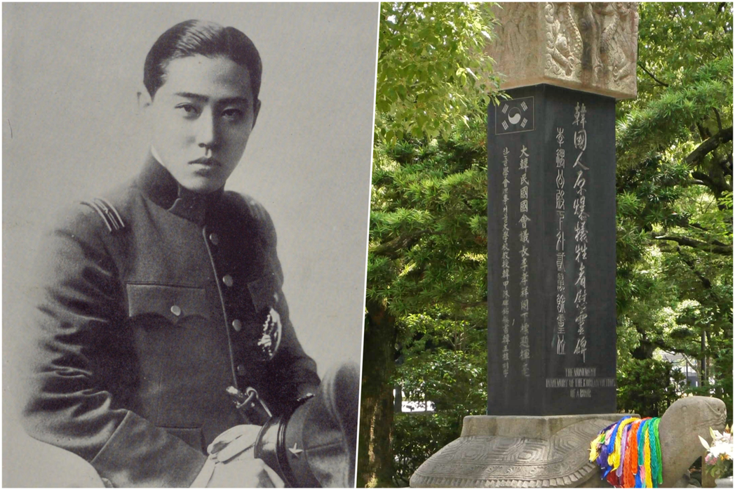 朝鮮王朝後代李鍝（左）1945年8月遇到核爆不治，慰靈碑上因此刻有「李鍝殿下外貳...