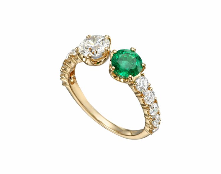 L'Heure du Diamant系列戒指，公平採礦認證18K黃金鑲嵌0.61克拉祖母綠與0.7克拉鑽石，73萬3,000元。圖／蕭邦提供