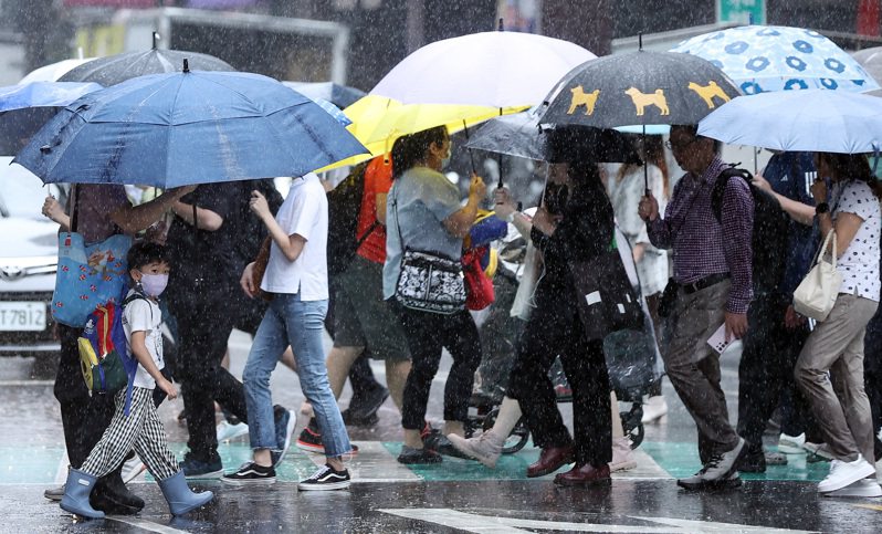 受卡努颱風外圍環流影響，大台北一早降下陣雨，大批通勤族在大雨中撐傘穿越馬路，未來幾天北部也都會有間歇性雨勢。記者侯永全／攝影