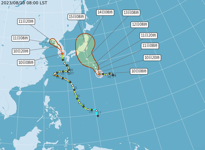 卡努颱風（左）即將登陸韓國，至於蘭恩颱風（右）上午8時已經升級為中度颱風，距離台灣遙遠、超過2000公里，周日之後要前往日本的民眾要注意颱風動態。圖／取自氣象局網站