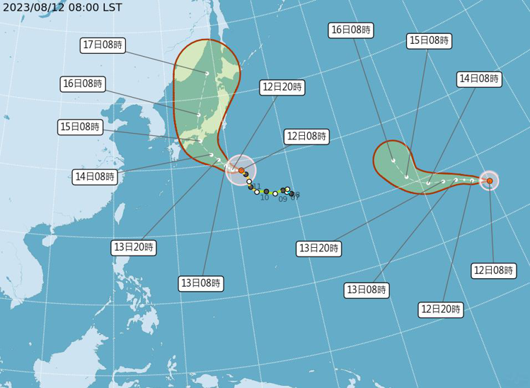 目前西北太平洋上有兩個颱風，一個是原本的中度颱風蘭恩，另一個是今天上午8時跨越國際換日線、被命名的朵拉颱風。蘭恩颱風未來會逐漸往日本方向前進，朵拉颱風不會接近任何陸地，所以對台灣不會有任何影響。圖／取自氣象局網站