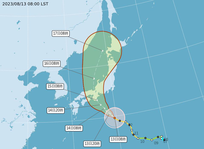 中度颱風蘭恩上午8時的中心位置在東京南方680公里海面上（台北東北東方1860公里海面上），以每小時12公里速度，向西北進行。圖／取自氣象局網站