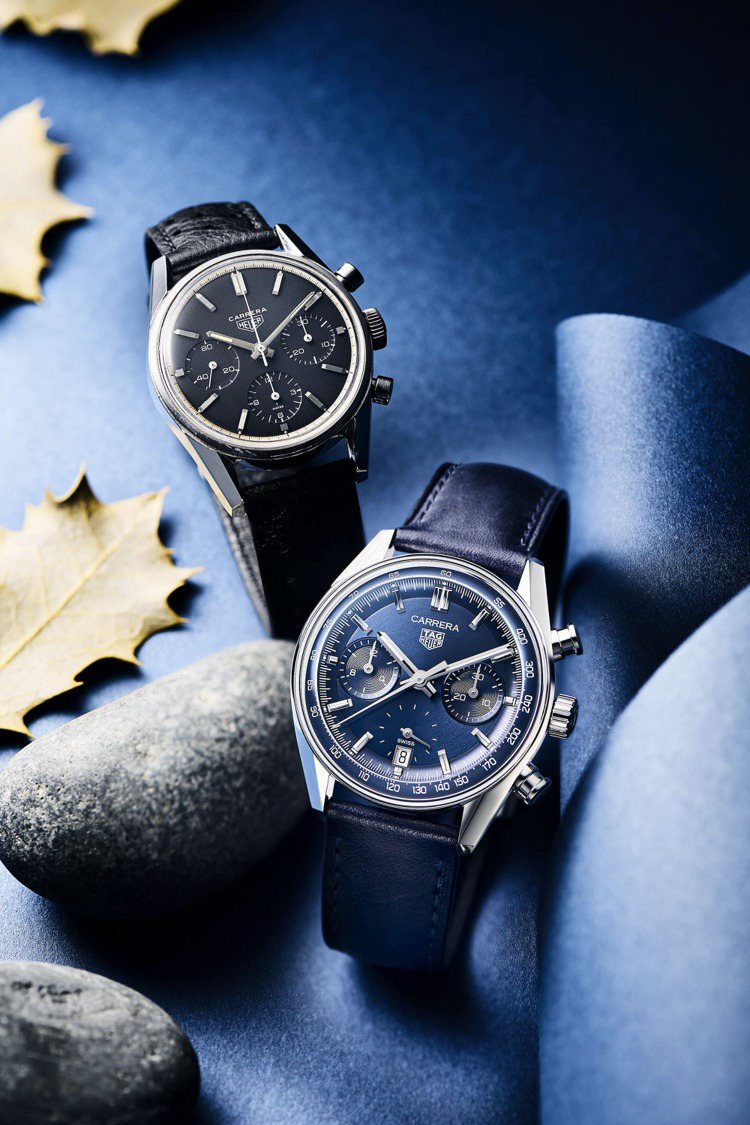 Heuer Carrera 2447N黑面計時骨董腕表（左），泰格豪雅Glassbox拱形計時腕表，精鋼表殼，約21萬2,000元。圖／TAG Heuer提供