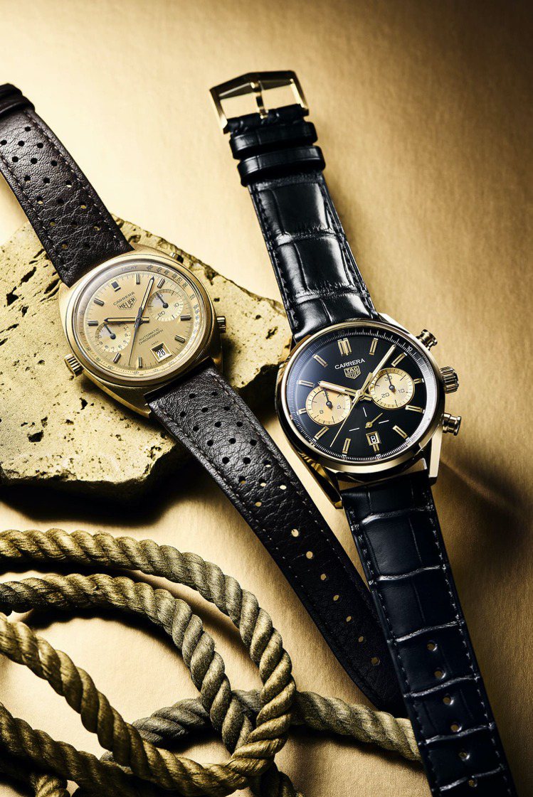 Heuer Carrera 1158CH黃金自動計時骨董腕表（左），泰格豪雅Carrera黑金計時腕表，18K黃金表殼，約70萬6,700元。圖／TAG Heuer提供