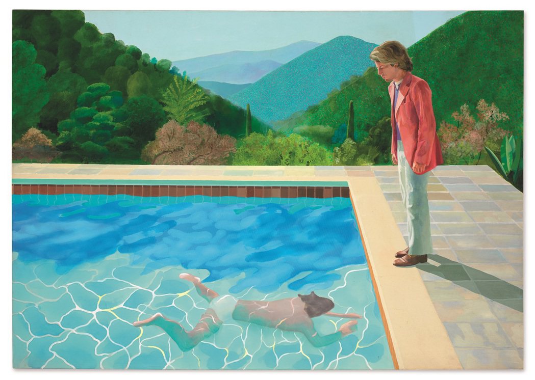 大衛霍克尼作品《藝術家肖像（泳池與兩個人像）》。 攝影／王海齡