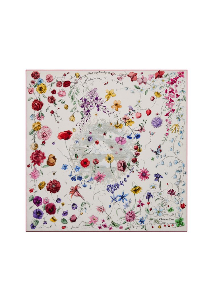 Dior Florilegio白色多彩真絲斜紋方巾，20,000元。圖／Dior提供