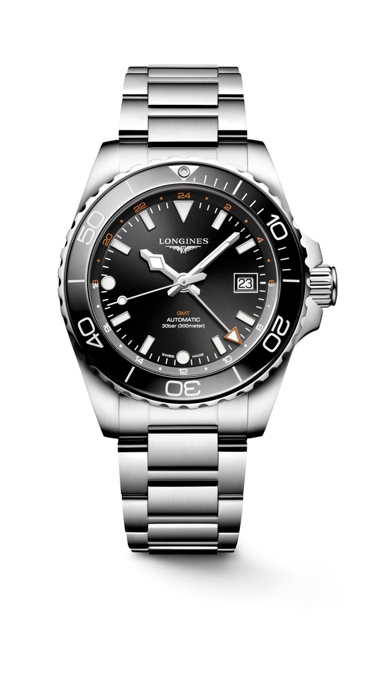 HydroConquest深海征服者系列兩地時區腕表，精鋼、41毫米、自動上鍊機芯、時間與第二地時間顯示，89,900元。圖／Longines提供
