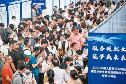 大陸國家統計局宣布，暫停公布青年失業率數據引發關注。圖為湖北武漢本月10日為離校未就業高校畢業生舉行專場招聘會，吸引爆滿的求職人潮。（中新社）