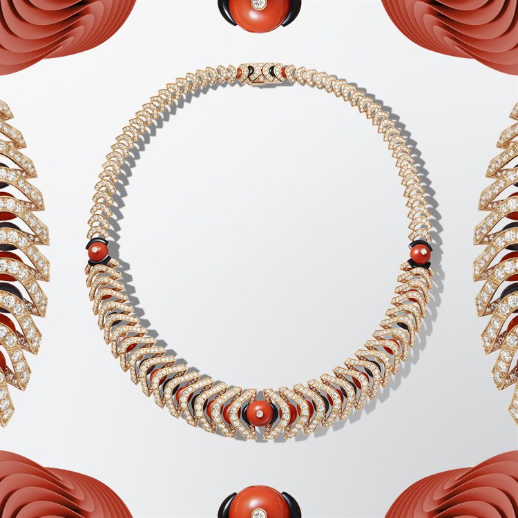 VOLTEA珊瑚鑽石珠寶套組，體現了GEOMETRY ＆ CONTRASTS幾何造型與對比設計的精髓。圖／卡地亞提供