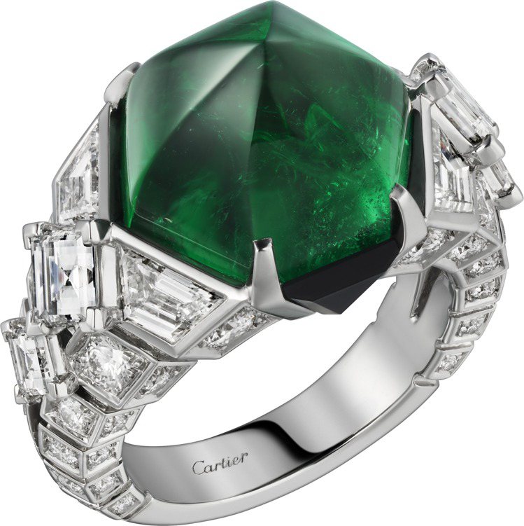 CEMBRA祖母綠戒指，鉑金鑲嵌一顆11.77克拉的六角塔糖形切割尚比亞祖母綠、鑽石、縞瑪瑙，1,900萬元。圖／卡地亞提供