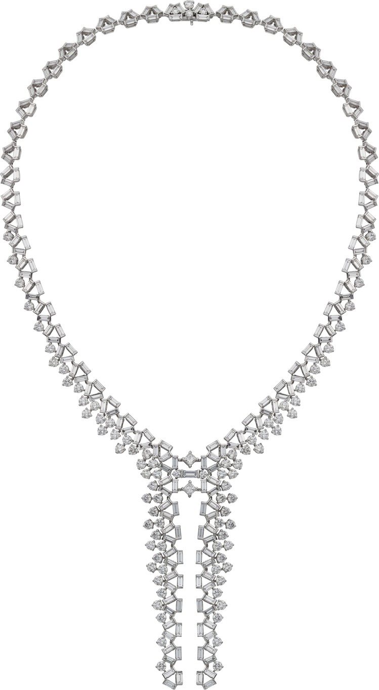 Reflection de Cartier系列鑽石項鍊，白K金，鑲嵌2顆共重0.36克拉的公主式切割鑽石、92顆圓形明亮式切割鑽石及215顆長方梯形切割鑽石，1,240萬元。圖／Cartier提供