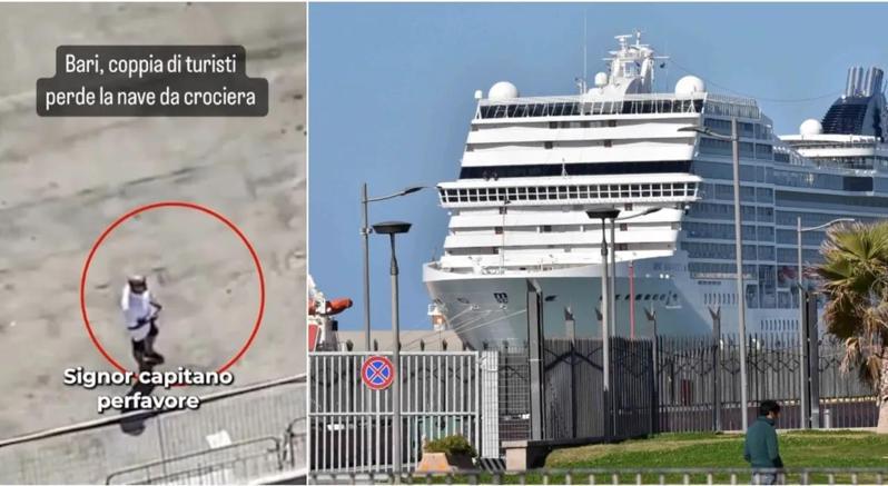 每日郵報18日報導，義大利東南部巴里港日前發生一對遊客夫婦似乎錯過了郵輪的啟航時間，先生在碼頭上大喊大叫，懇求船長可以等等他們。照片翻攝：informazione.it