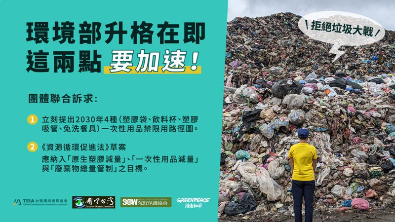 台灣環境資訊協會、看守台灣協會、荒野保護協會、綠色和平等今發出聯合聲明，呼籲環境部加速2大減塑減廢工作。圖／綠色和平提供