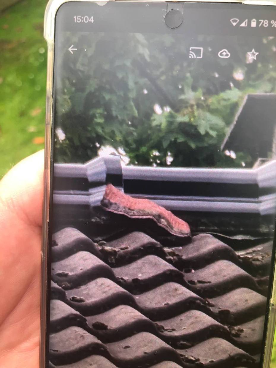 一名女子日前在自家屋頂上發現詭異的紅棕色不明生物，以為是家裡被巨蟒入侵，立刻打給警消請求他們幫忙抓蛇，結果沒想到警察趕來之後發現根本就不是蟒蛇，而是長得像蟒蛇的混凝土。 (圖/取自臉書粉專「Polizei NRW Rhein-Kreis Neuss」)