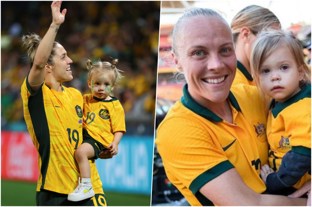 左為澳洲球員歌莉與女兒哈珀、右為中場巴特與女兒哈莉。 圖／美聯社、FIFPro　