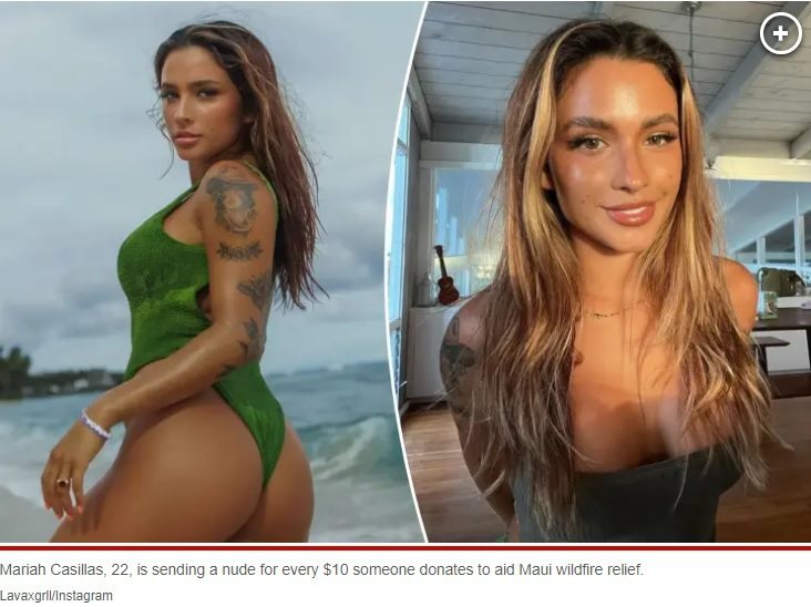 卡西莉亞絲用捐10美元換一張裸照的方式替茂宜島募款。圖擷自紐約郵報