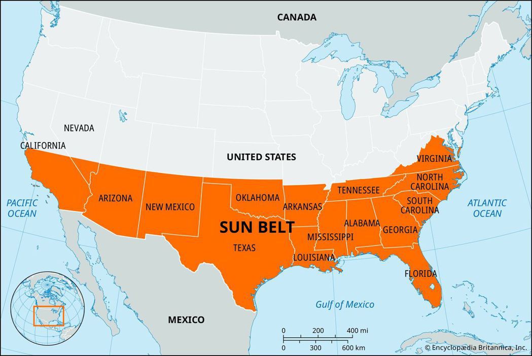陽光帶大體上指的是從南加州，經鳳凰城位在的亞利桑那州，一路到東南岸的喬治亞洲以及...