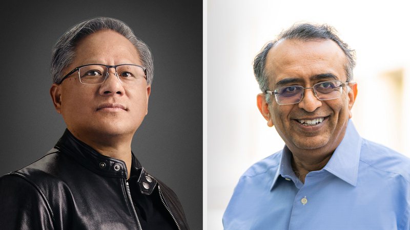 輝達創辦人暨執行長黃仁勳與VMware執行長Raghu Raghuram宣布合作。圖／輝達提供。