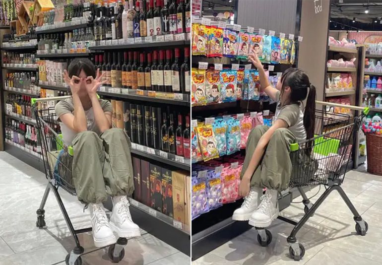 原PO貼出兩張照片，一名女子坐在超市的手推車裡拍照，引來一片罵聲。 圖擷自Dcard