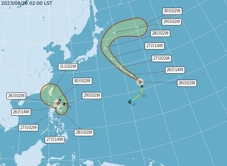 蘇拉颱風下周三、周四可能就會逼近台灣附近，依照現在的預報路徑，不排除有直接登陸花東地區或恆春半島的機會。圖／氣象局提供
