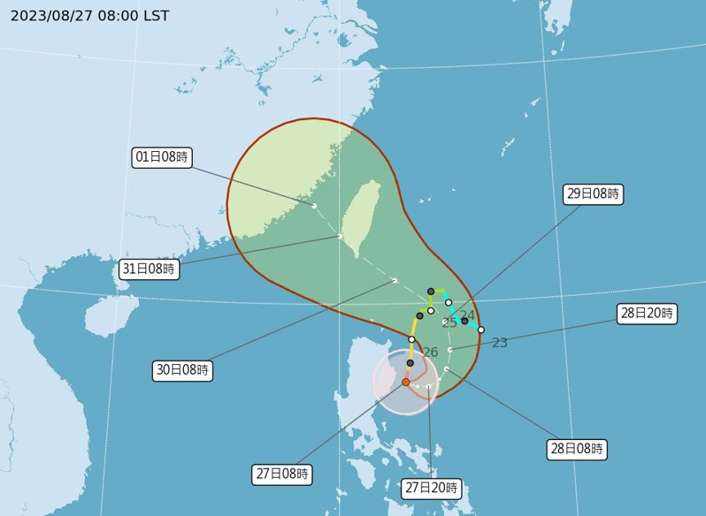 蘇拉颱風中心位置在鵝鑾鼻南南東方630公里的海面上，7級風暴風半徑為150公里，10級風暴風半徑為80公里，預計未來強度仍有稍增強，且暴風圈有稍擴大的趨勢。圖／取自氣象局網站