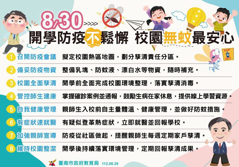 台南市登革熱疫情嚴峻，開學在即，教育局今提出8項開學防疫策略，也宣布若確診學生請假在家休息，將不列缺勤紀錄。圖／南市教育局提供